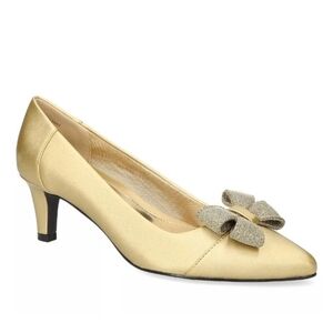 Easy Street Womens Devanna Gold Satin Glitter Pumps/Bow  Pointed Toe Shoes 9.5W